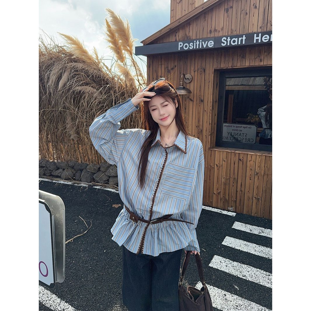 Women's Gray-Blue Striped Long-Sleeve Shirt 2026 Fall French Chic Loose Top