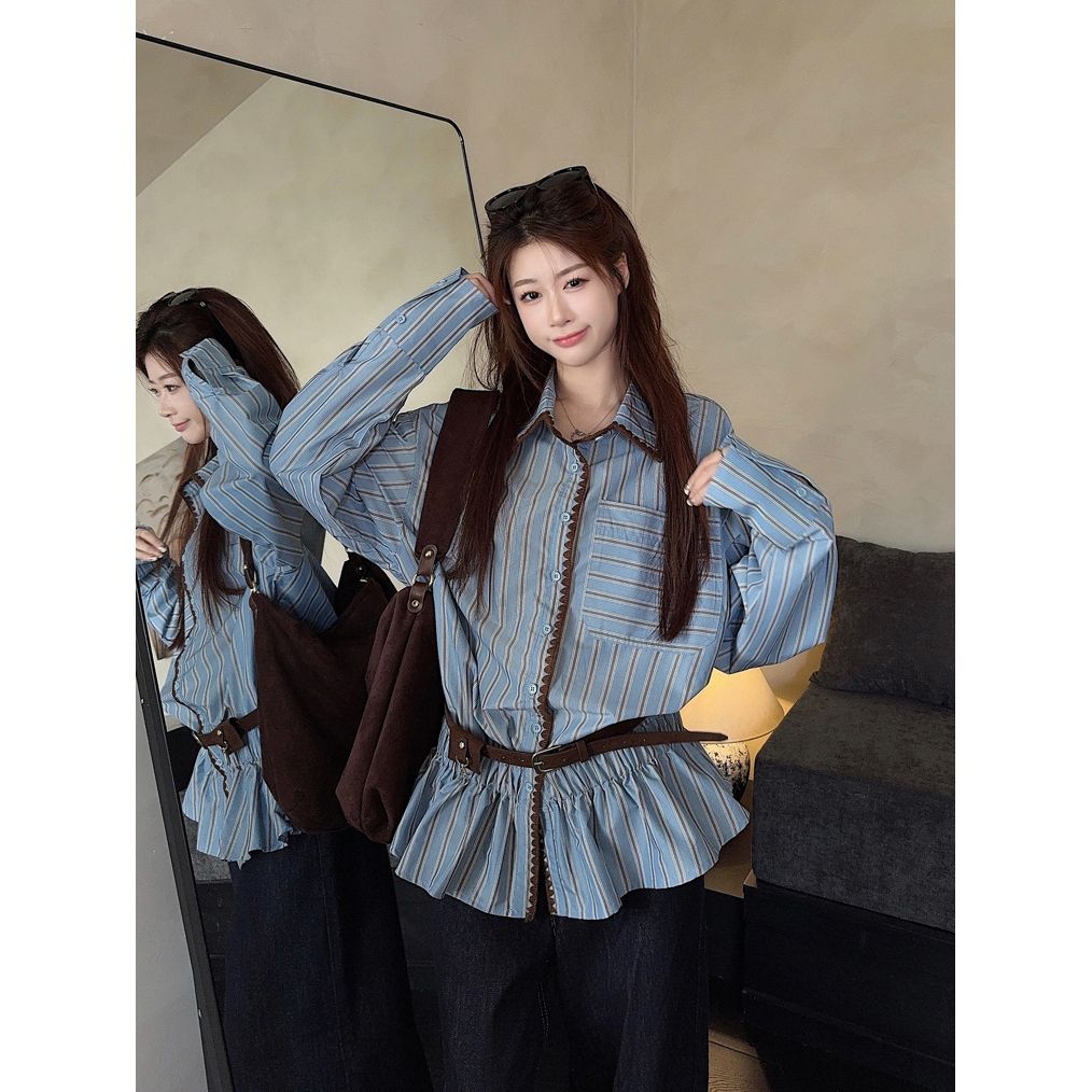 Women's Gray-Blue Striped Long-Sleeve Shirt 2026 Fall French Chic Loose Top - Image 2