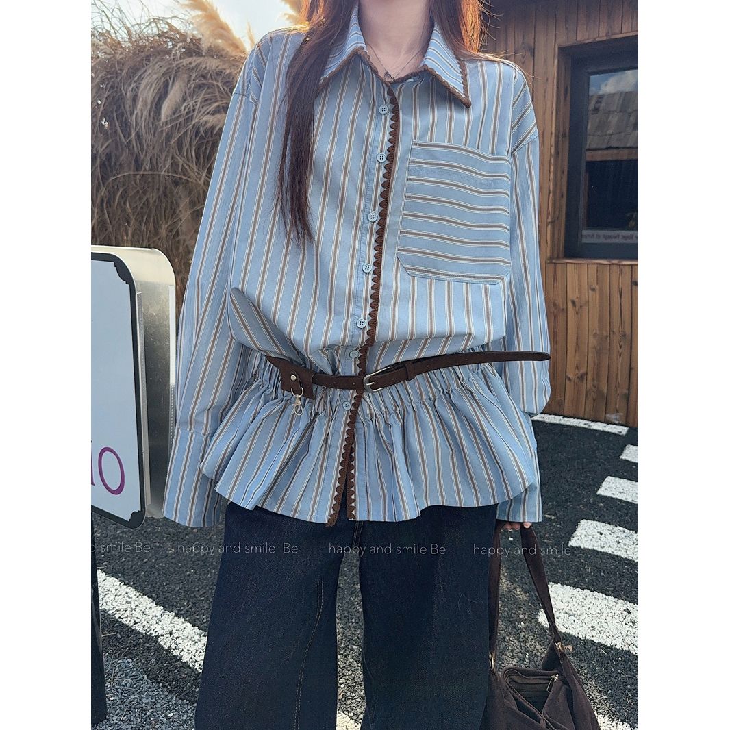 Women's Gray-Blue Striped Long-Sleeve Shirt 2026 Fall French Chic Loose Top - Image 3
