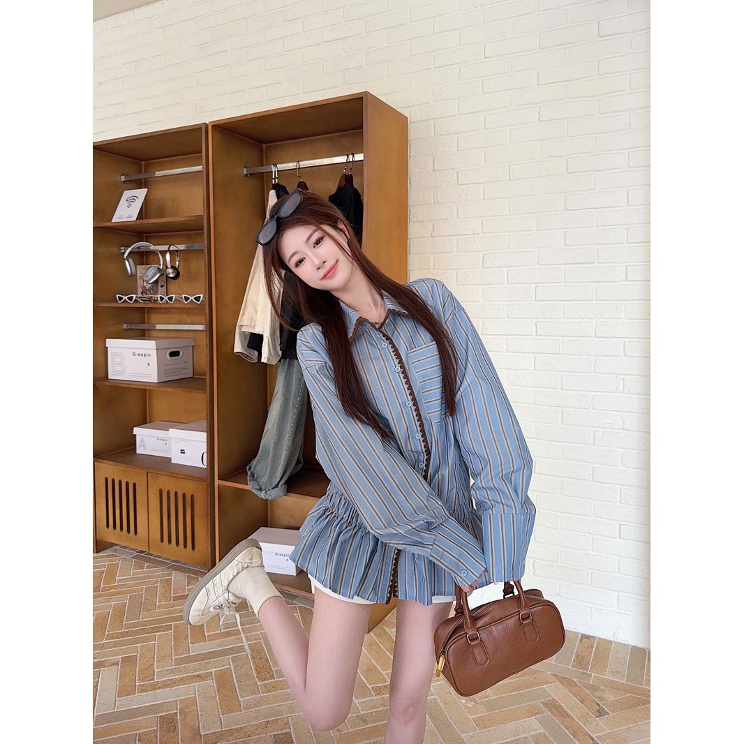 Women's Gray-Blue Striped Long-Sleeve Shirt 2026 Fall French Chic Loose Top - Image 4