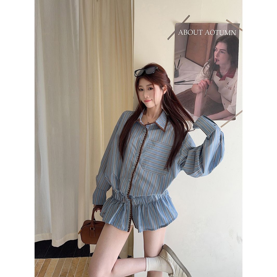 Women's Gray-Blue Striped Long-Sleeve Shirt 2026 Fall French Chic Loose Top - Image 5